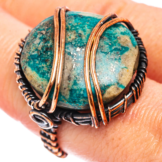 Turquoise wire-wrap ring with oxidized copper frame and wire loops, size 8.75