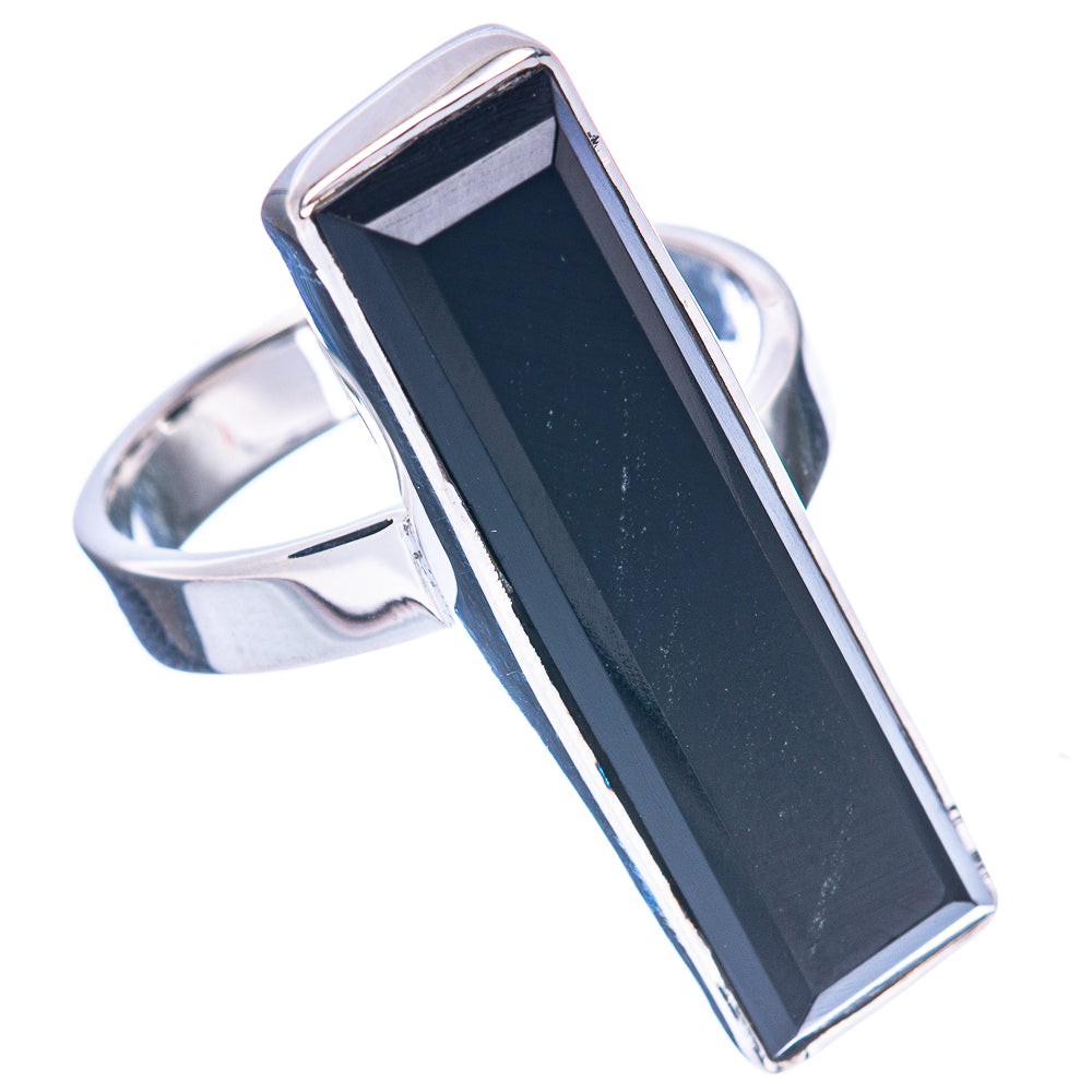 Rectangular black onyx ring with silver band, angled view