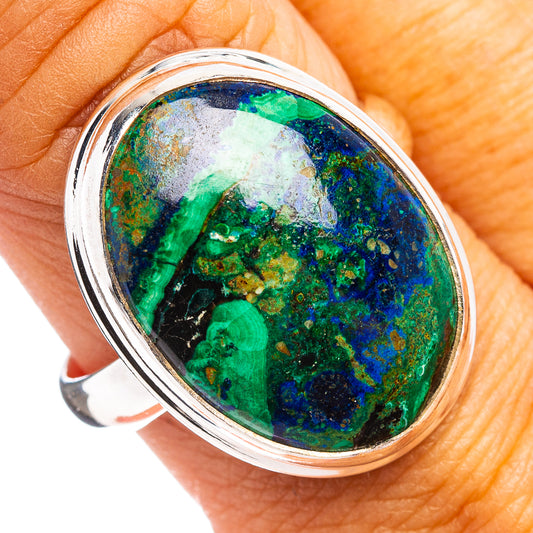 Sterling silver ring with oval azurite malachite stone, size 10
