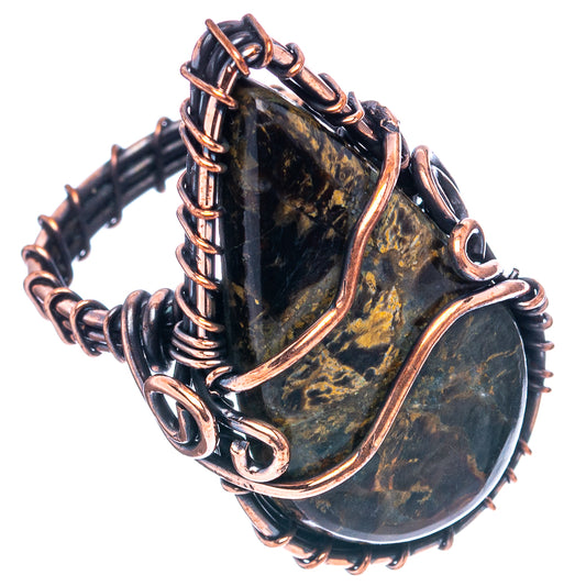 Oxidized copper wire wrap ring with double teardrop dark gold-speckled cabochons