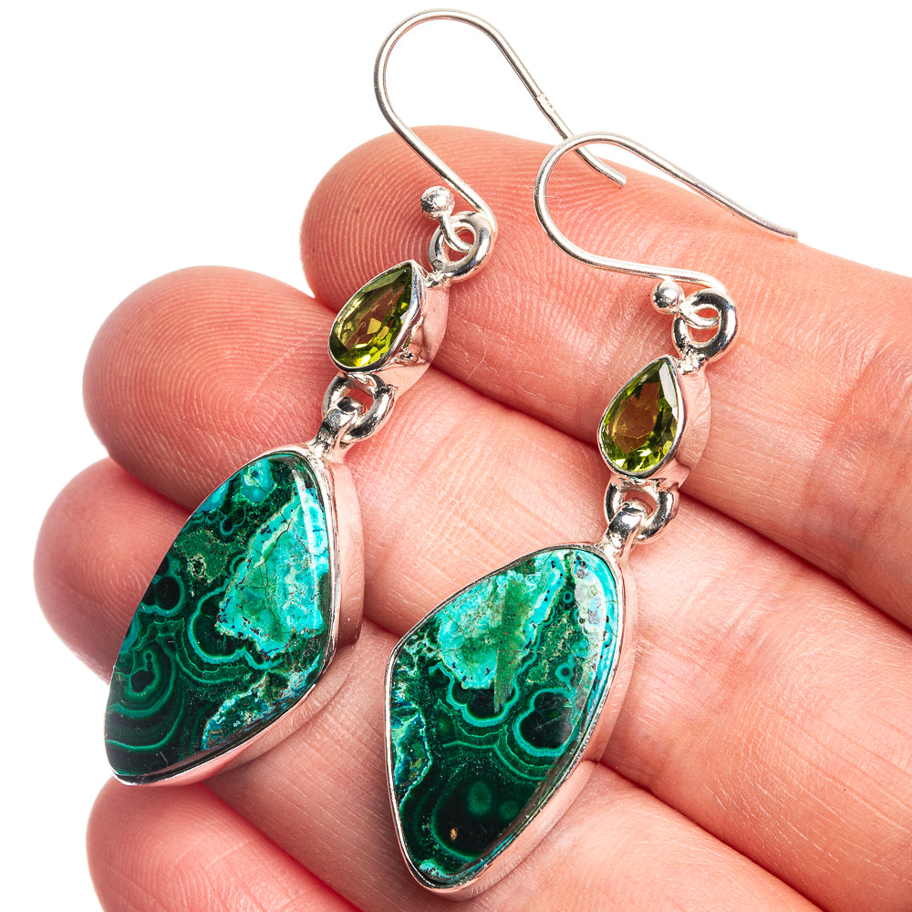 Sterling silver earrings with green teardrop malachite-style stones and small peridot drops