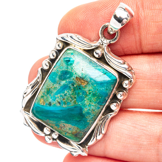 Rectangular green-blue opal pendant in ornate .925 sterling silver bezel