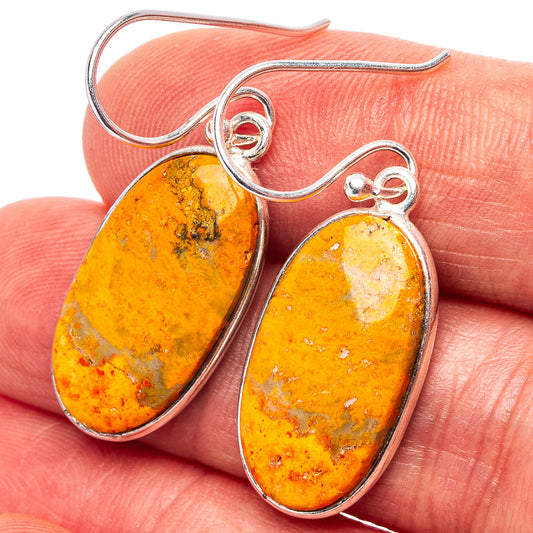 Sterling silver teardrop jasper earrings with orange-yellow stone, dangle hooks