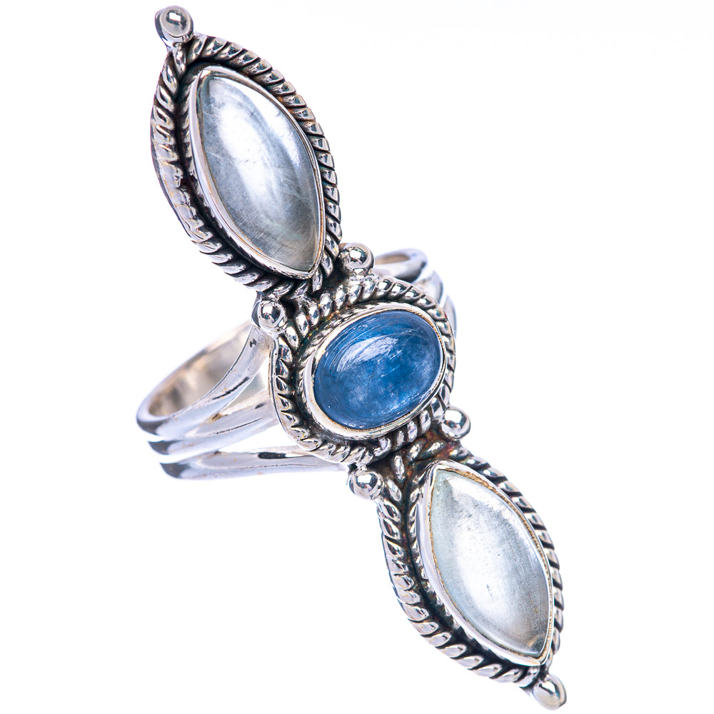 Sterling silver statement ring with ornate oval blue center stone and two linked oval white stones