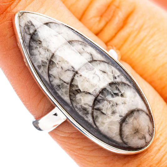 Teardrop fossil gemstone ring in .925 sterling silver, gray marbled stone setting