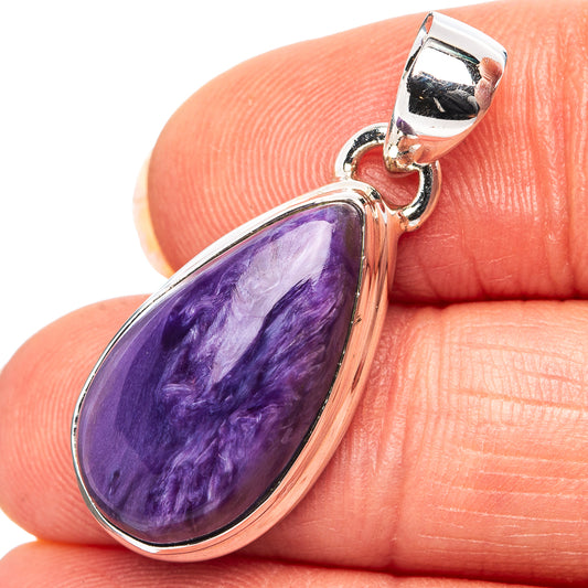 Charoite pendant in .925 sterling silver, teardrop purple stone with side bail