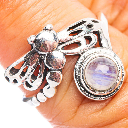 Sterling silver dragonfly dainty ring with round rainbow moonstone cabochon setting