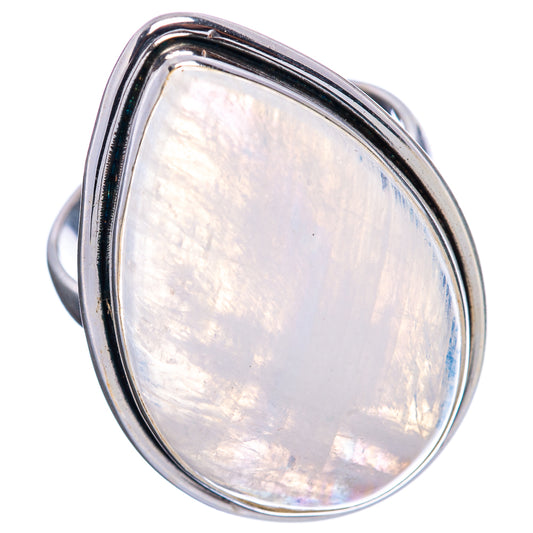 Sterling silver teardrop moonstone ring, prongless setting with iridescent white stone