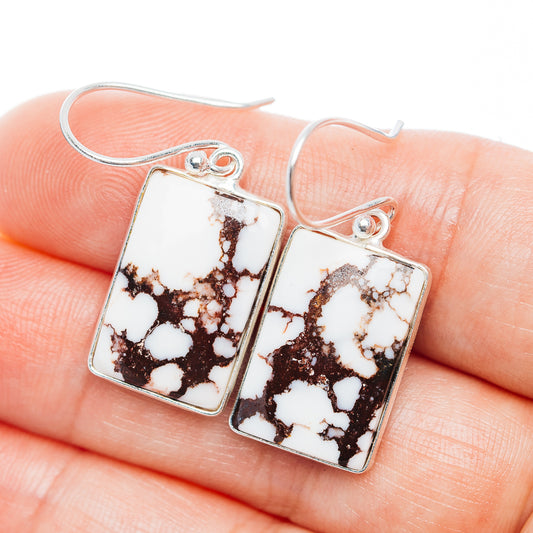 Sterling silver rectangular wild horse jasper drop earrings, white and dark brown stone