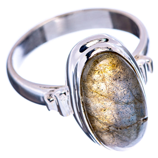 Size 7 labradorite ring in .925 sterling silver, oval bezel-set stone with gold flecks.