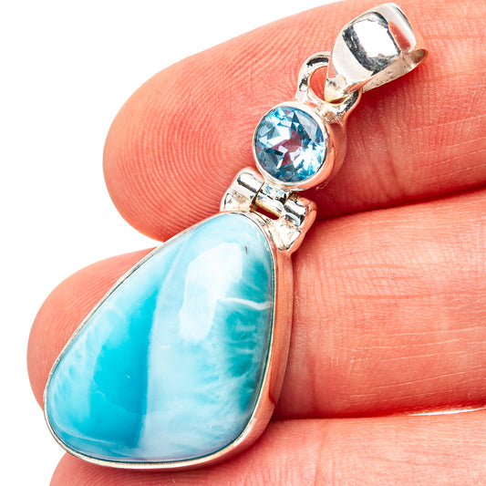 Sterling silver larimar and blue topaz pendant, pear larimar with round blue topaz