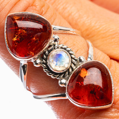 Large Baltic Amber, Rainbow Moonstone Ring Size 9 (925 Sterling Silver) R142366