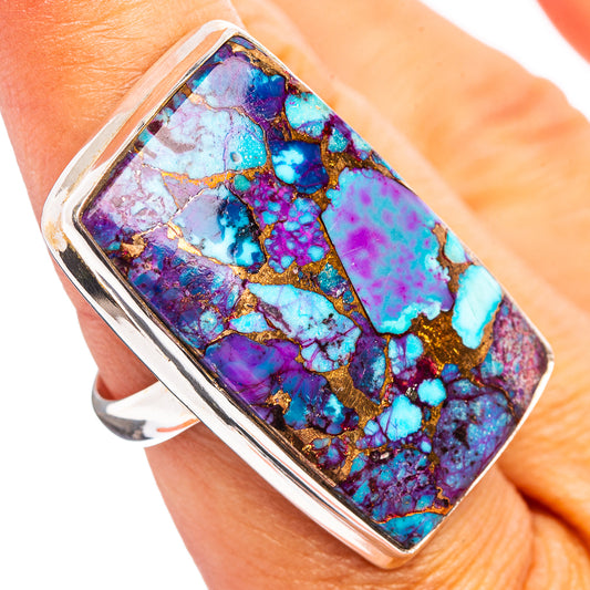 Sterling silver ring with rectangular multicolor turquoise and purple inlay bezel