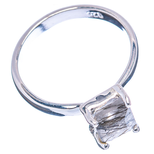 Tourmalinated quartz ring in .925 sterling silver, clear rectangular prong-set gemstone