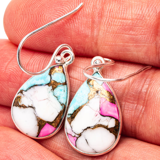 Sterling silver teardrop earrings with turquoise, pink and white stone inlay