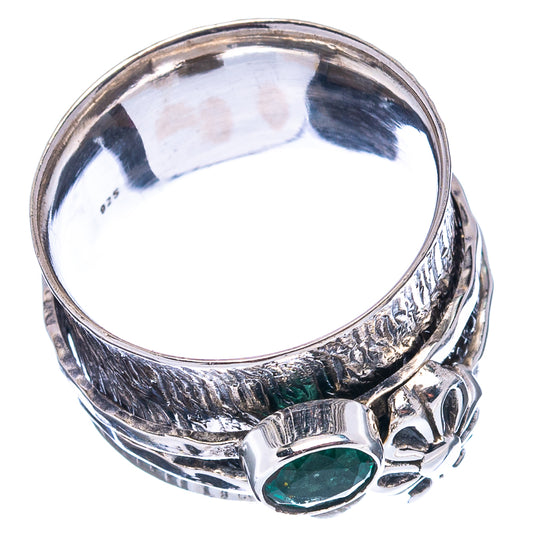 Oval green gemstone sterling silver ring, hammered texture band and openwork crown