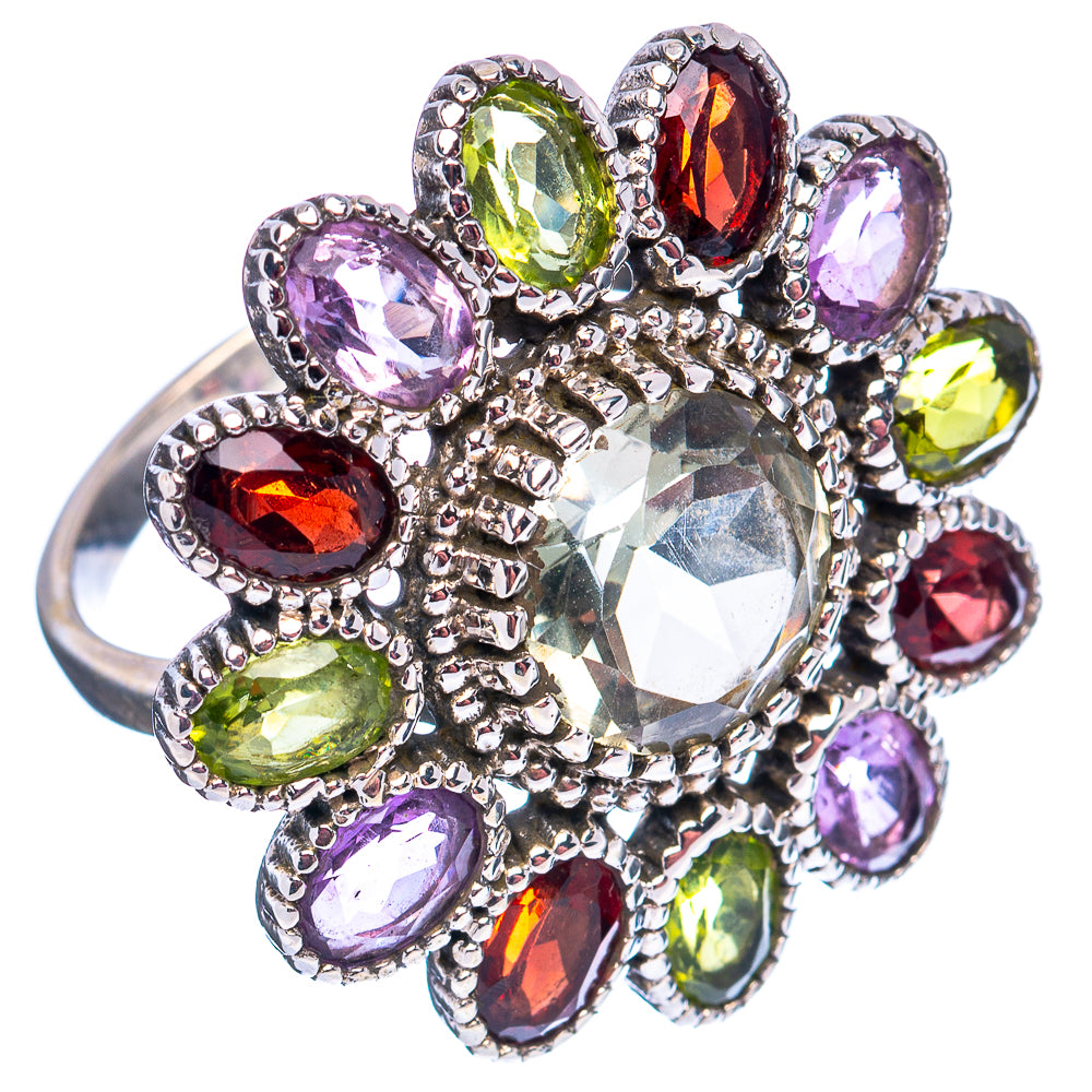 Green Amethyst, Amethyst, Peridot, Garnet Flower Ring Size 8 (.925 Sterling Silver)