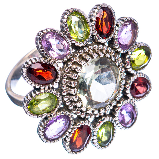 Sterling silver flower-style ring with a central clear stone and purple, green, red side stones.