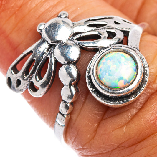 Sterling silver dragonfly dainty ring with round opal center and halo bezel