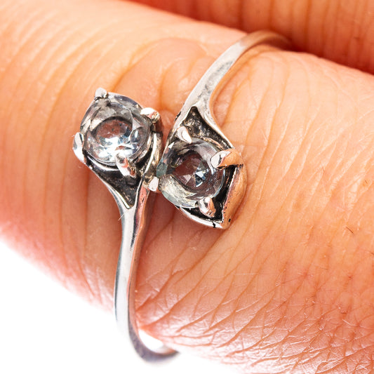 Sterling silver double blue topaz ring on hand, slim band, size 8