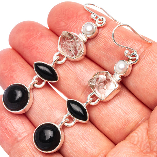 Black Onyx, Herkimer Diamond, Cultured Pearl Earrings 2 1/4" (925 Sterling Silver) E1591