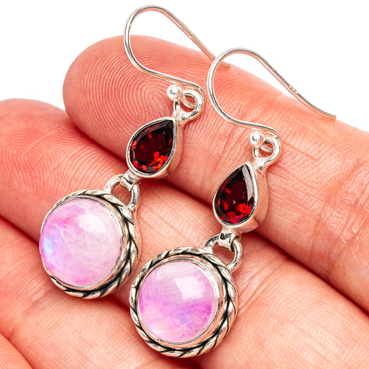 Sterling silver drop earrings with pink moonstone cabochons and red garnet teardrops