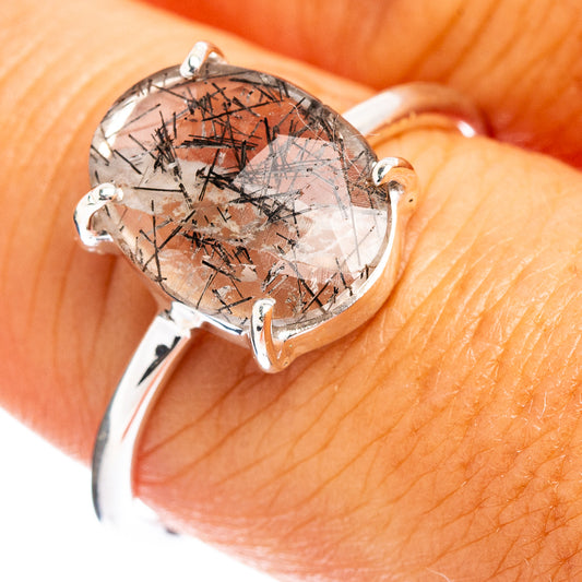 Sterling silver ring with oval tourmalinated quartz gemstone, polished prong setting