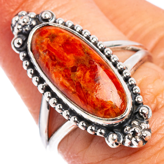 .925 sterling silver sponge coral oval ring with beaded border and dark band