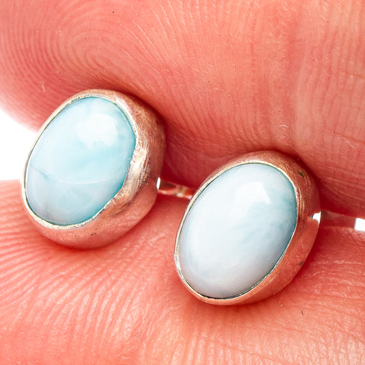 Oval larimar stud earrings, .925 sterling silver bezel setting, light blue stone