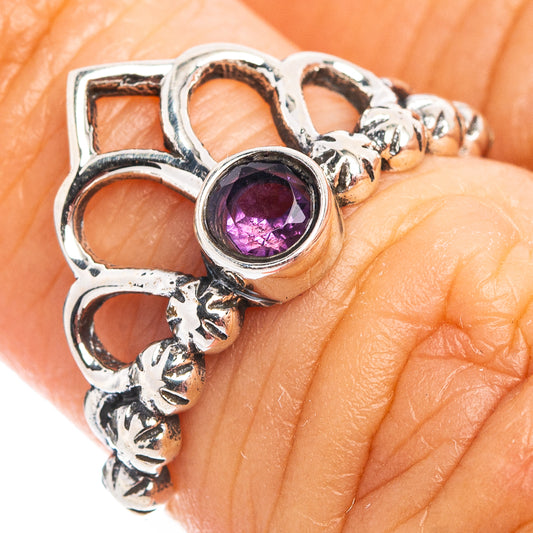 Amethyst crown dainty ring in .925 sterling silver, purple round gemstone in crown setting