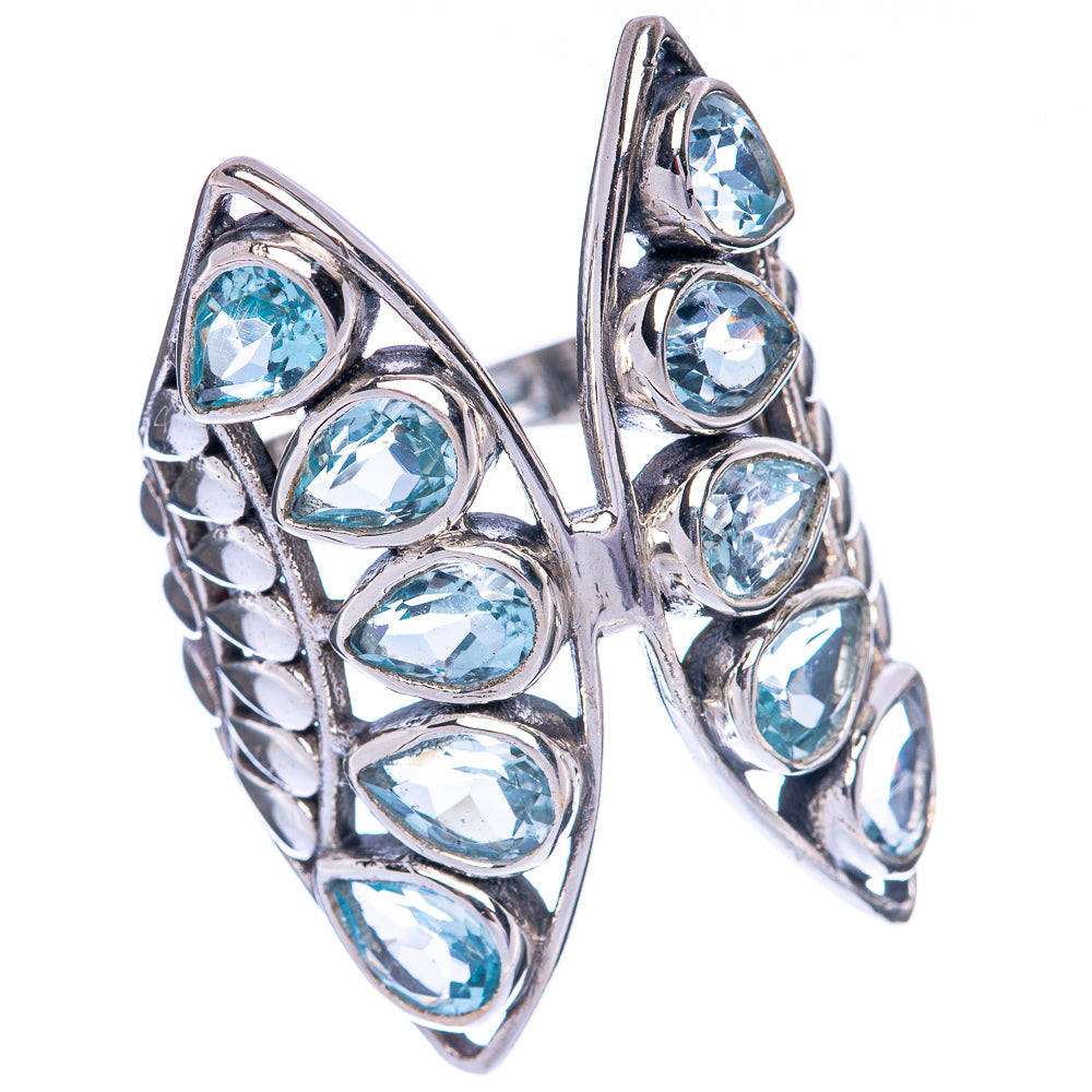 Sterling silver ring with five oval blue stones and openwork lattice design