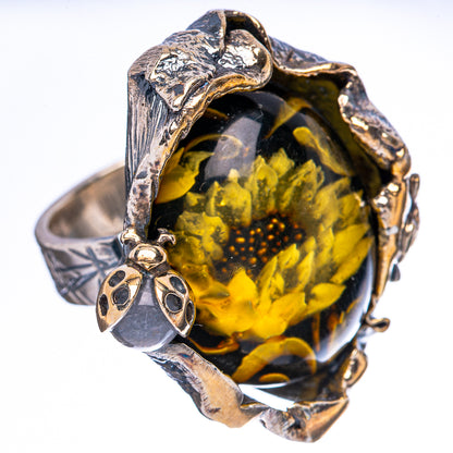 Ornate 925 sterling silver amber ring with yellow floral intaglio and ladybug detail