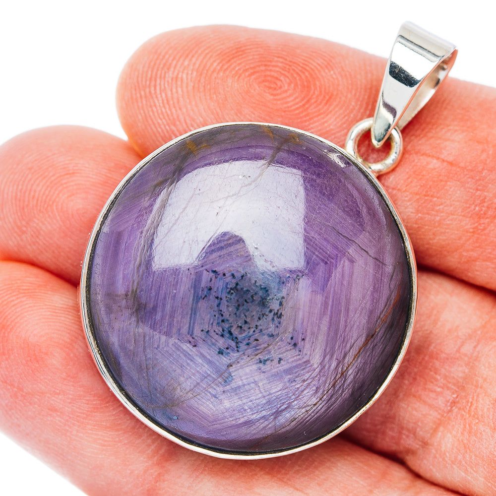 Large round purple gemstone pendant in .925 sterling silver bezel