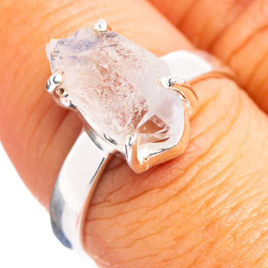Sterling silver ring with large rough blue-gray quartz stone in prong setting