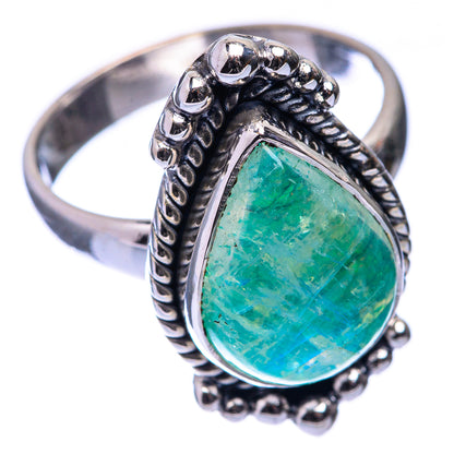 Green moonstone silver ring with raised teardrop cabochon and beaded side accents