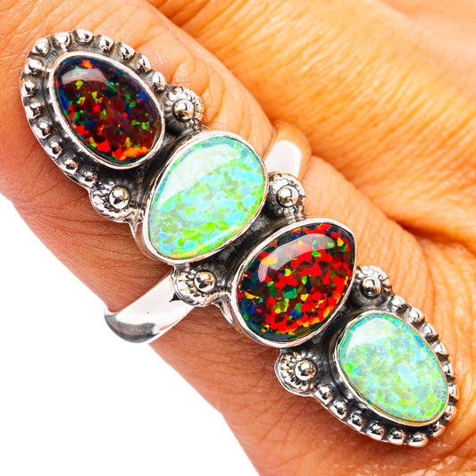 Sterling silver opal ring, size 8, three oval cabochons with red/green fire