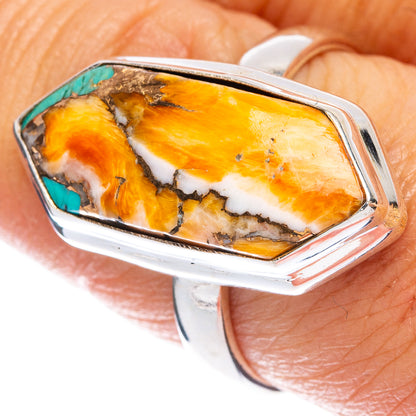 Sterling silver ring with oval spiny oyster stone, orange-white swirls and turquoise edge
