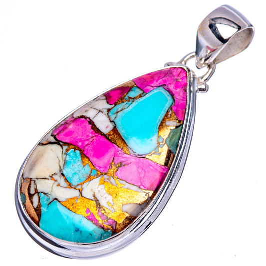 Teardrop .925 sterling silver pendant with colorful pink, turquoise, and gold inlay
