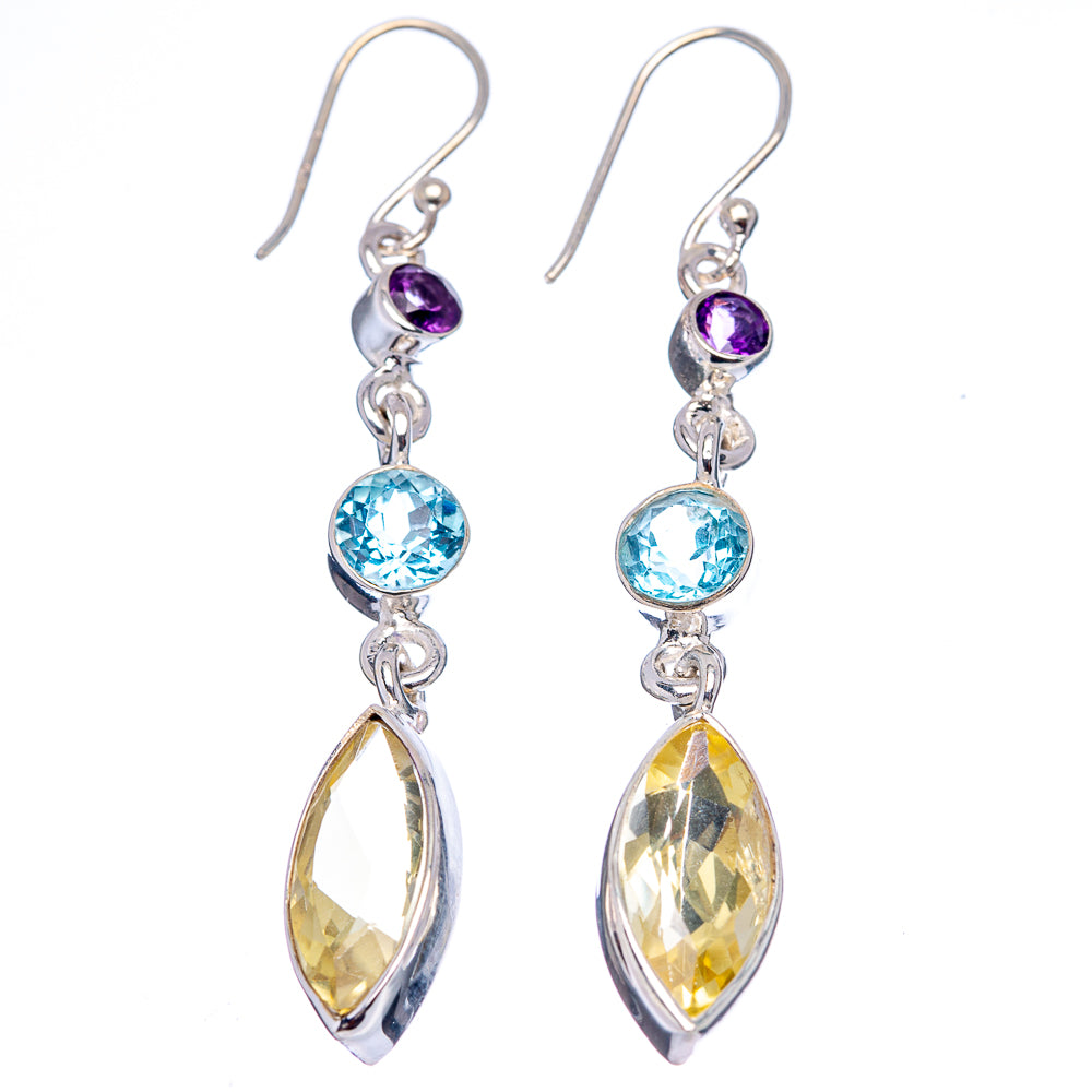 Premium Citrine, Blue Topaz, Amethyst Earrings 2 1/4" (.925 Sterling Silver)
