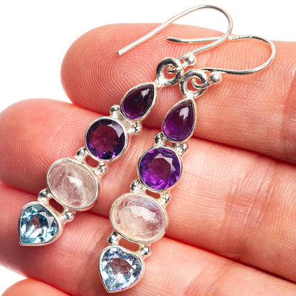 Rainbow Moonstone, Blue Topaz, Amethyst Earrings 1 7/8" (925 Sterling Silver) E432485