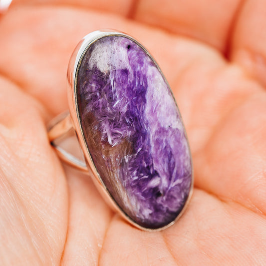 Charoite cabochon ring with oval purple stone, slim .925 sterling silver band