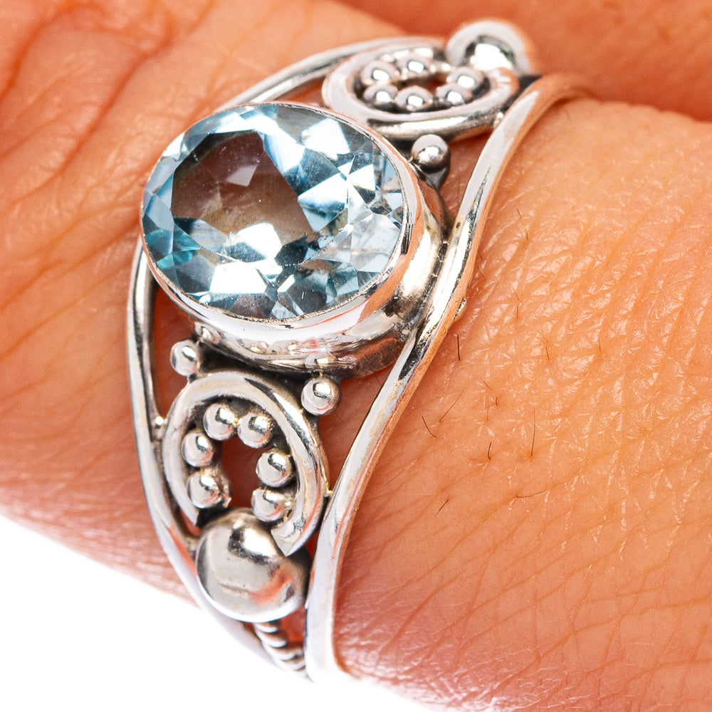 Sterling silver filigree ring with oval blue topaz gemstone, size 9