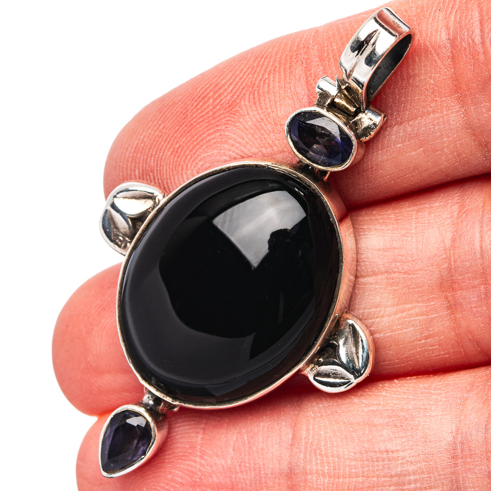 Black Onyx, Iolite Pendant 1 7/8" (.925 Sterling Silver)