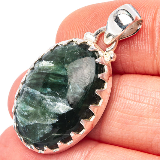 Green seraphinite pendant in .925 sterling silver bezel with loop bail