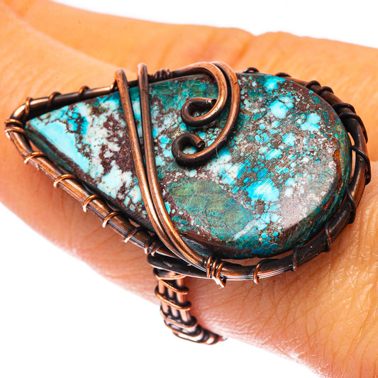 Oxidized copper wire ring with turquoise speckled stone, heart-shaped bezel