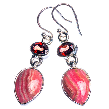 Red rhodochrosite heart drop earrings in 925 sterling silver with garnet-style round accents