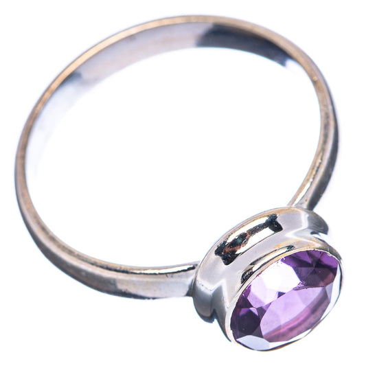 Sterling silver amethyst ring with round purple gemstone, open band side view