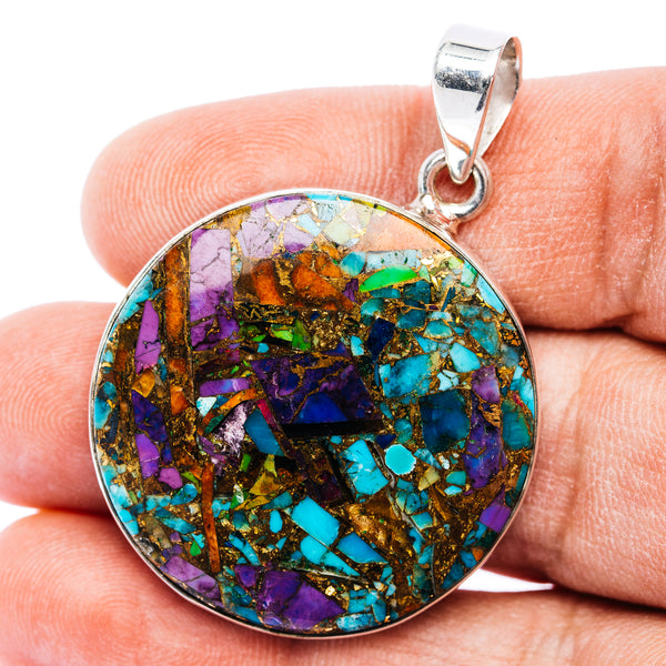 Round turquoise mosaic pendant with purple and blue stone, .925 sterling silver bail