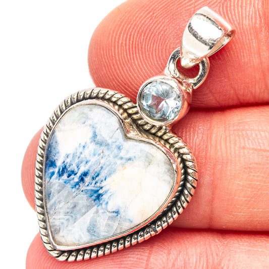 Sterling silver heart pendant with blue-white scheelite inlaid, small round blue stone bail