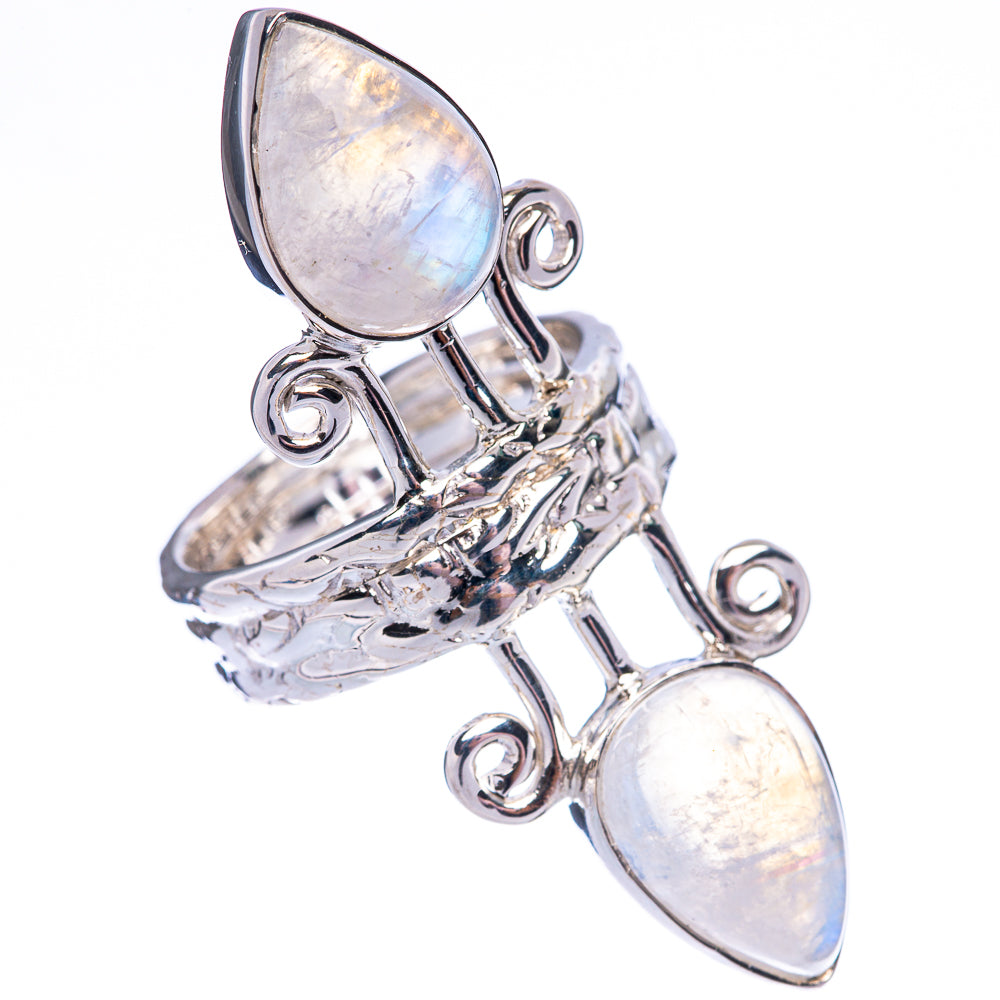 Sterling silver moonstone ring with two iridescent teardrop stones and ornate openwork